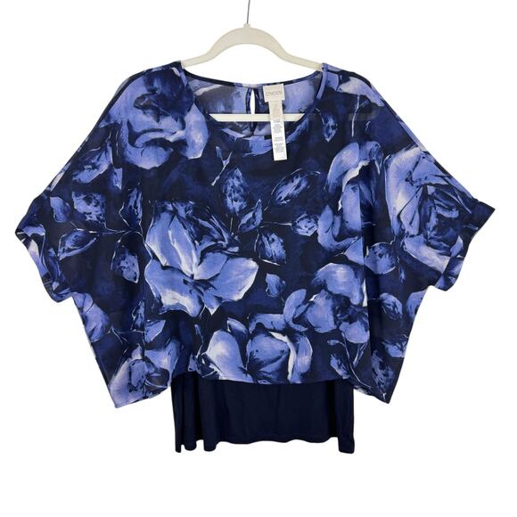 Chico's Blue Floral Dolman Short Sleeve Oversized Built In Tank Blouse Size L - Picture 1 of 6